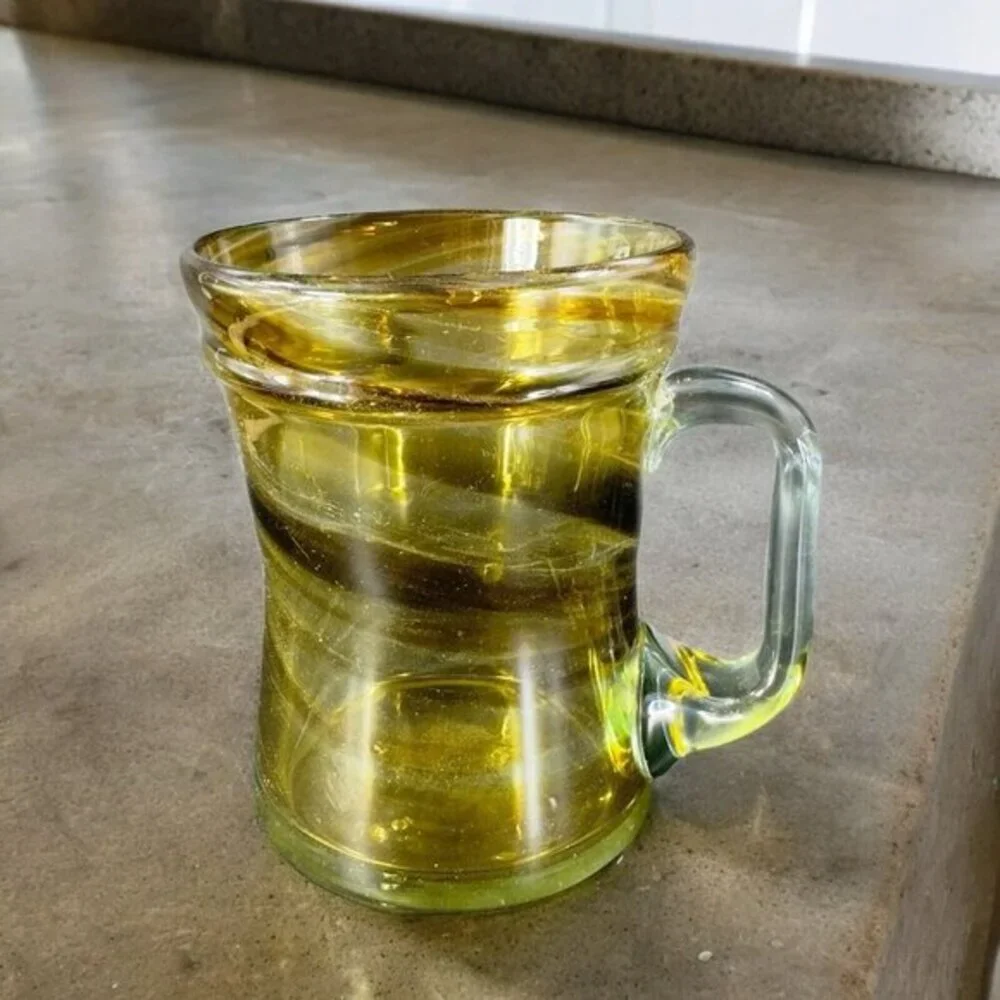 Art Glass Mug‎ Cup With Applied Clear Handle Green Black Swirls Lines Hand Made